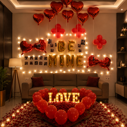 Decorated living room with 'BE MINE' and 'LOVE' balloons, lights, and candles.