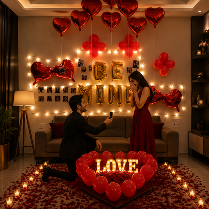 Romantic proposal scene with red balloons, 'BE MINE' and 'LOVE' lights, and a couple in a decorated room.
