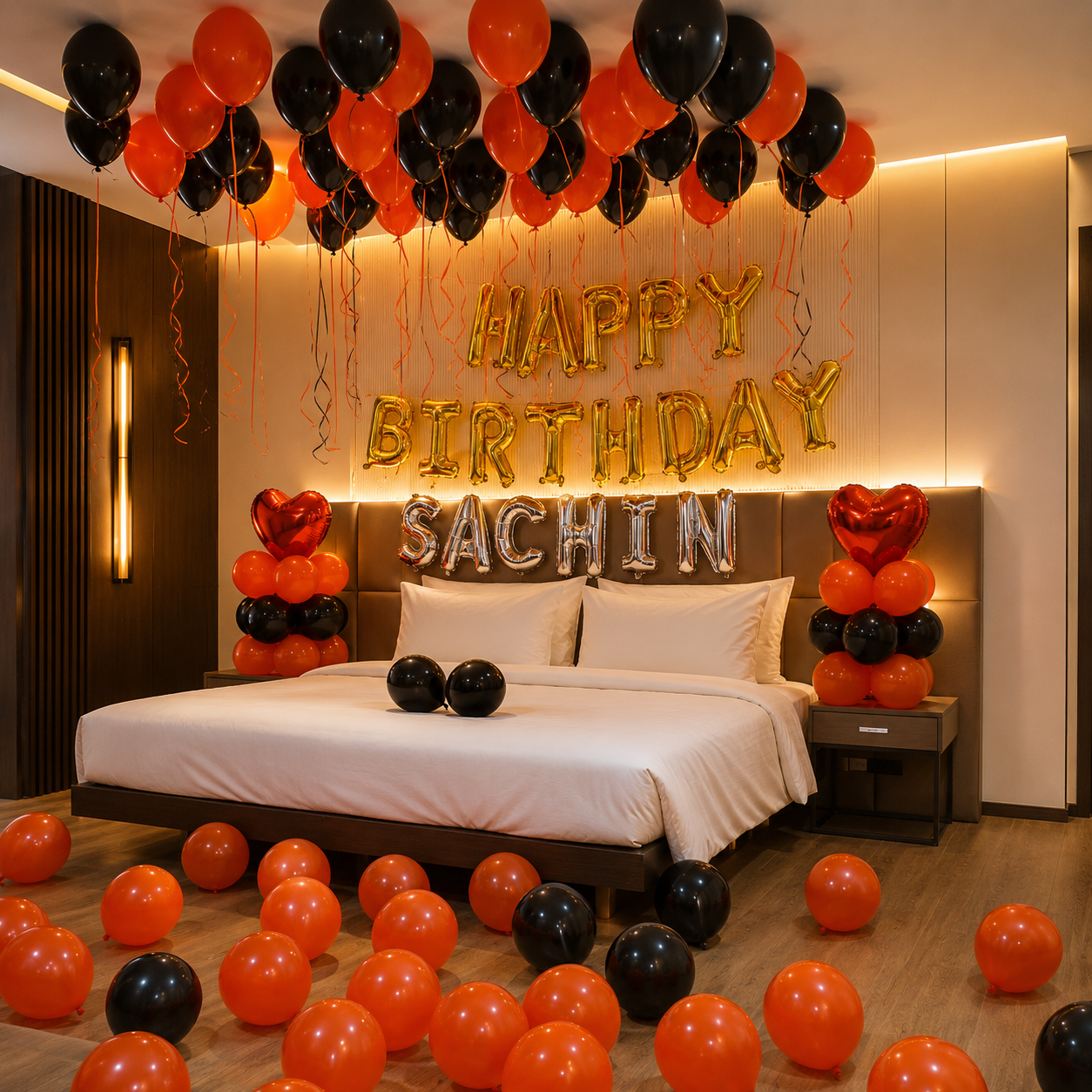 Decorated bedroom with balloons and 'Happy Birthday Sachin' sign