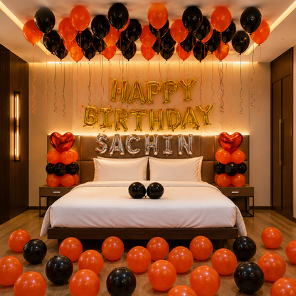 Decorated bedroom with balloons and 'Happy Birthday Sachin' sign