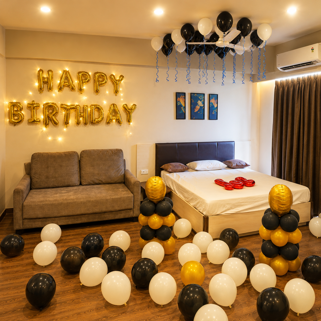 Decorated bedroom with 'Happy Birthday' balloons and balloons on the floor