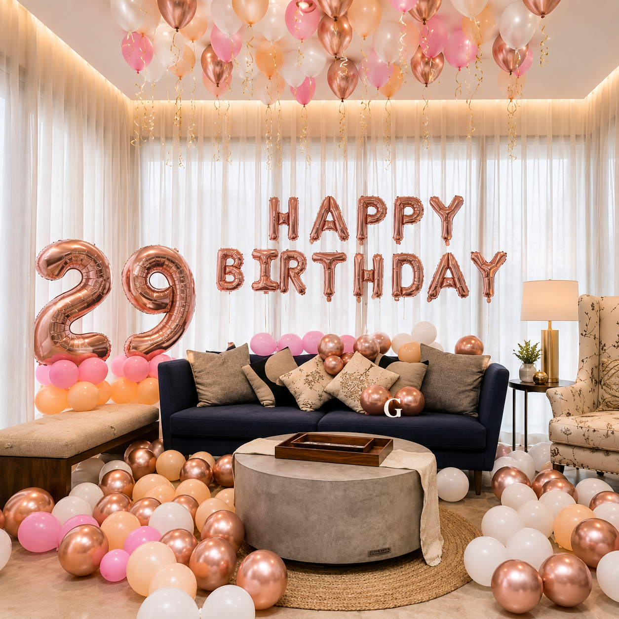 Birthday celebration with balloons, 'Happy Birthday' banner, and '29' in a living room.