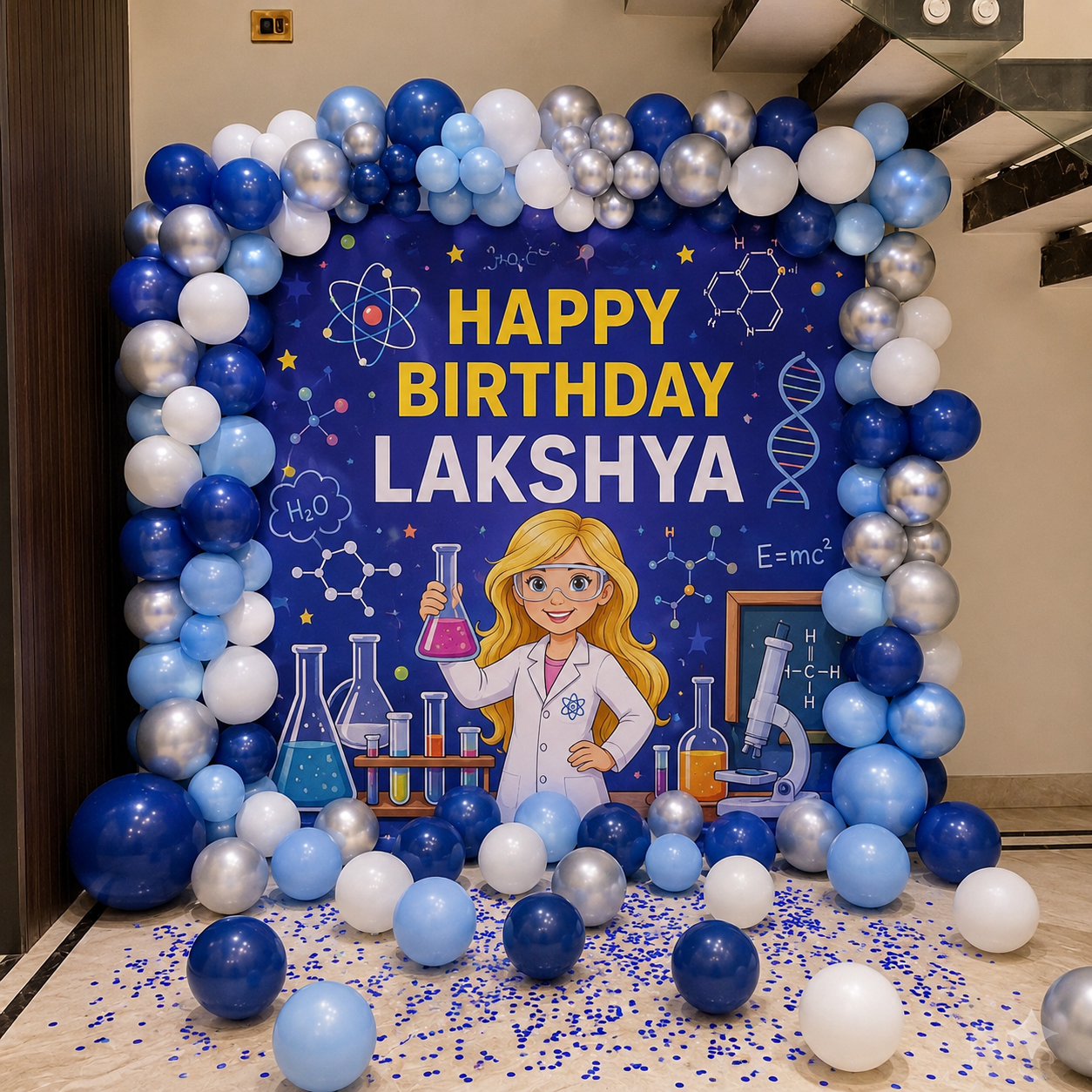 Birthday decoration with balloons and a banner for Lakshya, featuring scientific-themed elements.