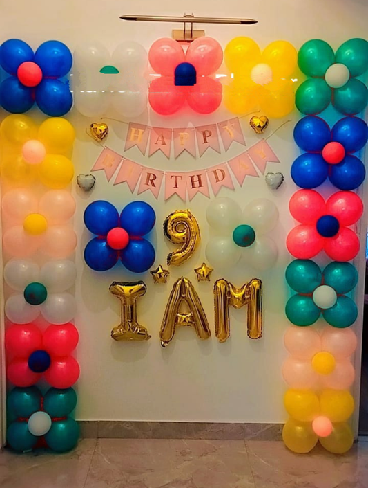 Simple and Colourful 9th Birthday Balloon Decoration at home