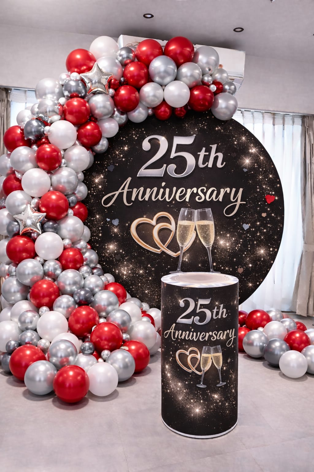 "Silver-Red Sparkle: 25 Years Of Love" Theme Decoration 