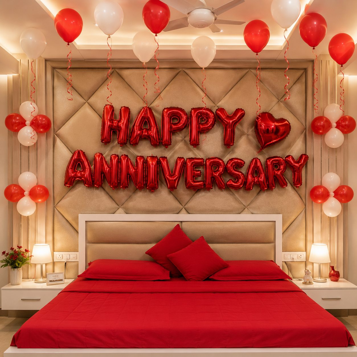 Decorated bedroom with 'Happy Anniversary' balloons on a wall above a bed.