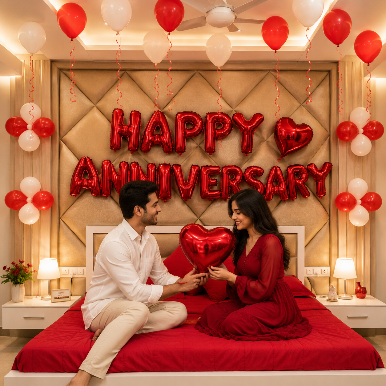 Couple celebrating anniversary with 'Happy Anniversary' balloons in a decorated room.