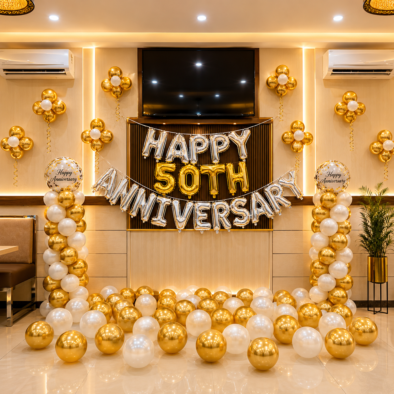Decorative setup with 'Happy 50th Anniversary' balloons in a room.