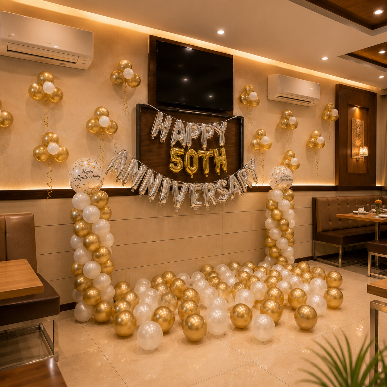 Decorated room with 'Happy 50th Anniversary' balloons and arches in a restaurant setting.
