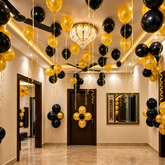 Simple balloon decoration at home for birthday with black and gold balloons in modern interior