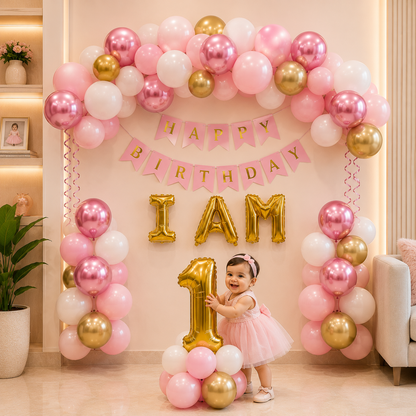 Child in a pink dress standing in front of a 'Happy Birthday' balloon arch with 'I AM 1' balloons.