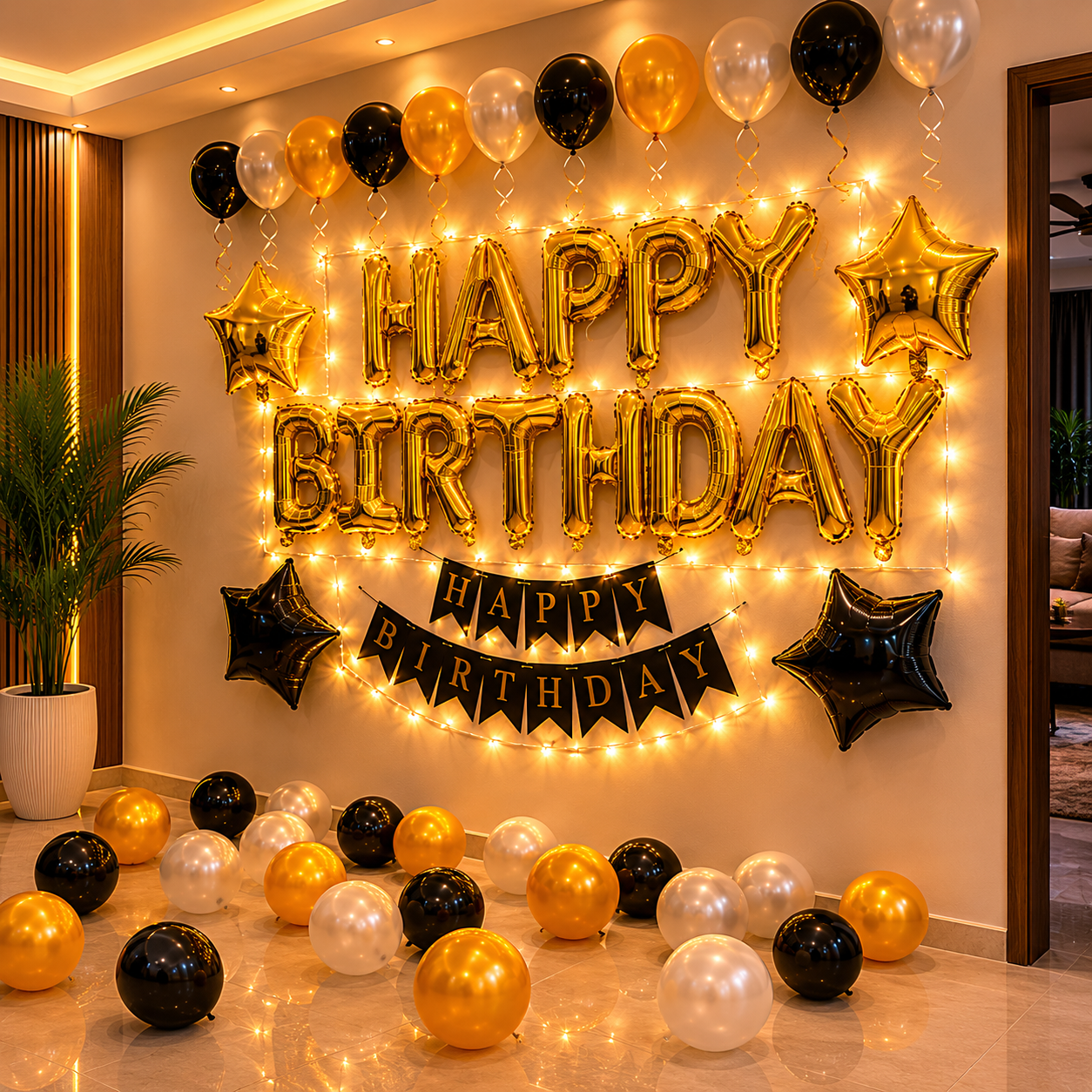 Birthday party setup with gold, black, and white balloons and 'Happy Birthday' banner.