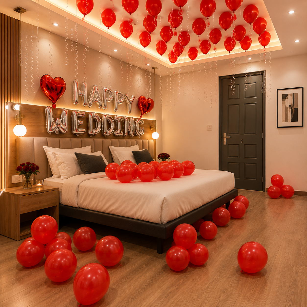 Decorated bedroom with red balloons and 'Happy Wedding' sign for a wedding celebration.