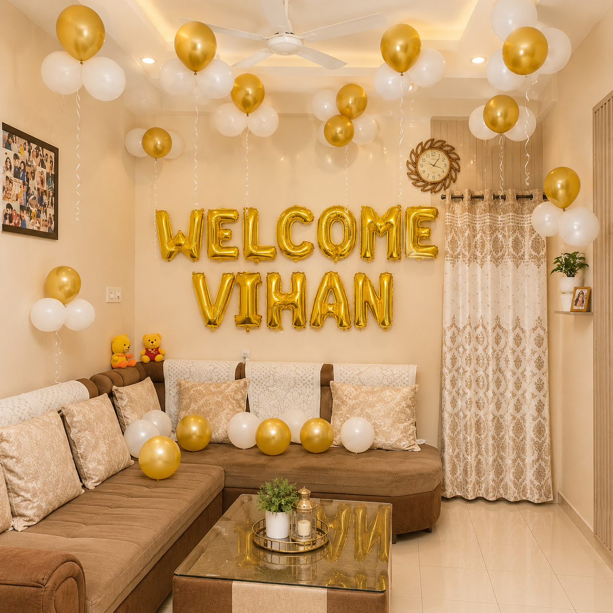 Decorated living room with 'Welcome Vihan' balloons and balloons on the ceiling.