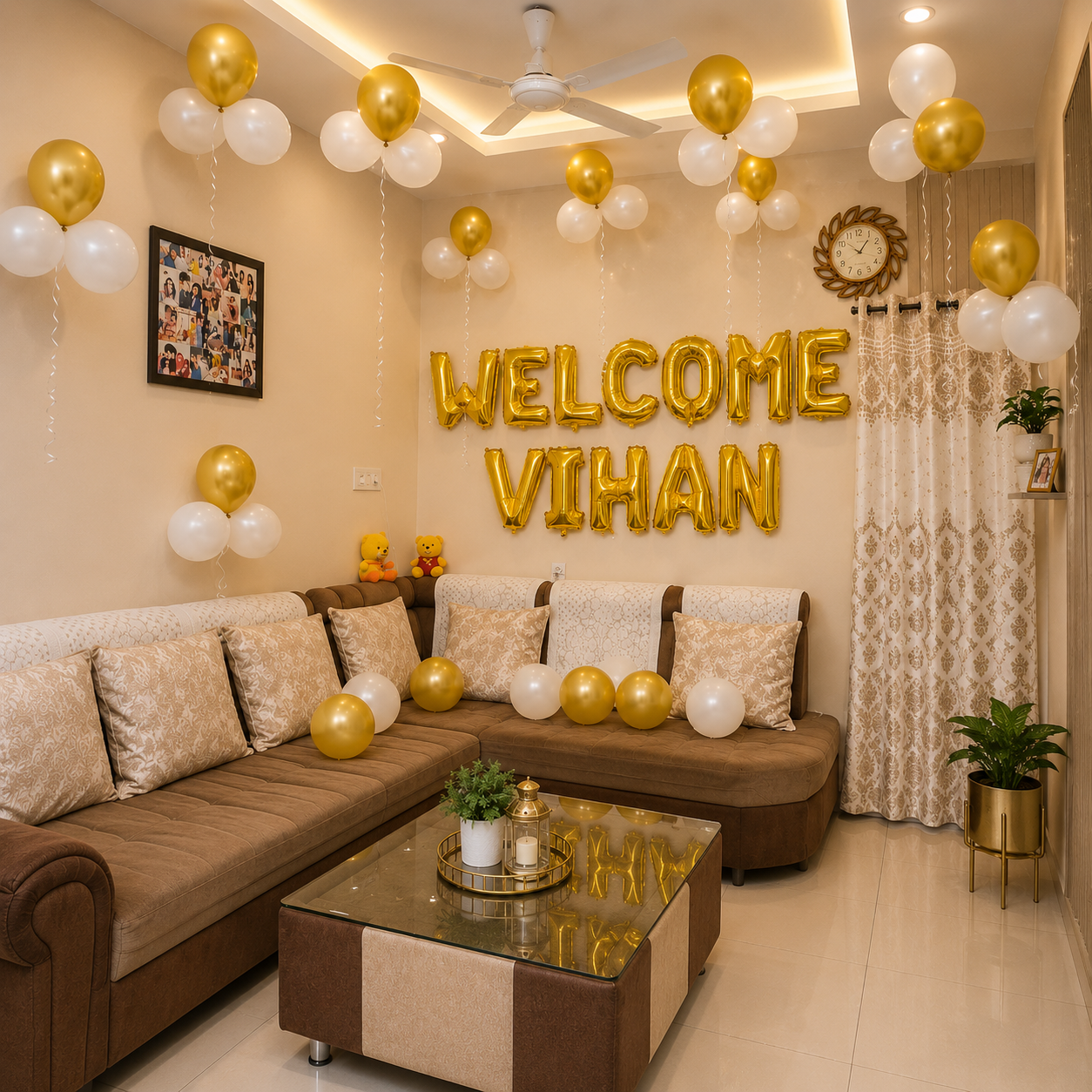 Decorated living room with 'Welcome Vihan' balloons and balloons in the air.