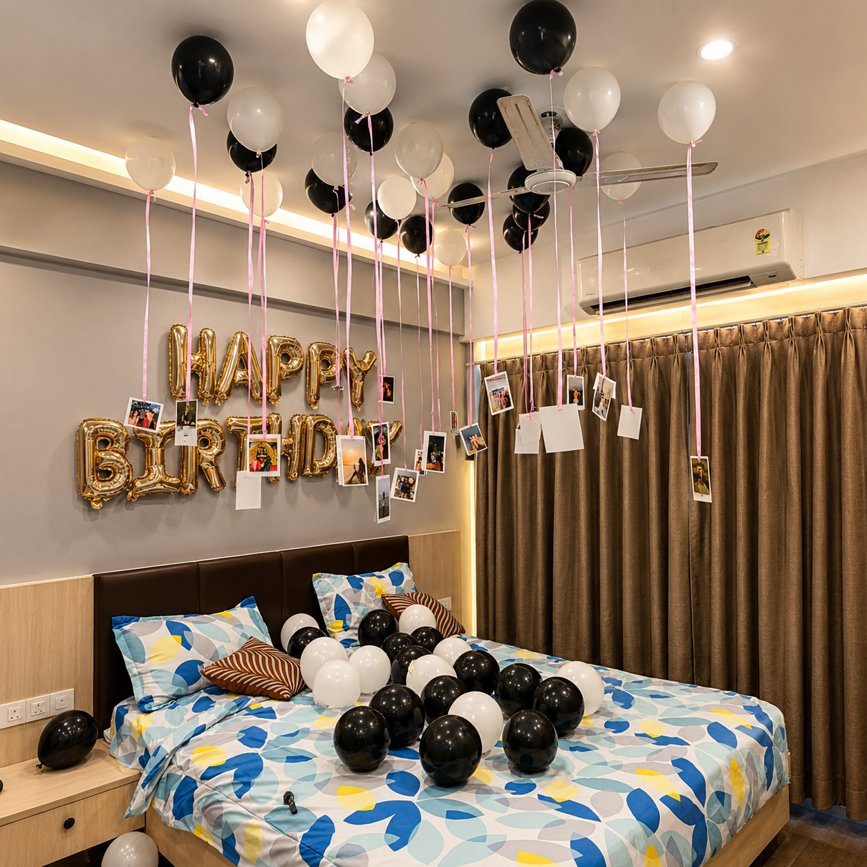 Decorated bedroom with balloons and 'Happy Birthday' sign