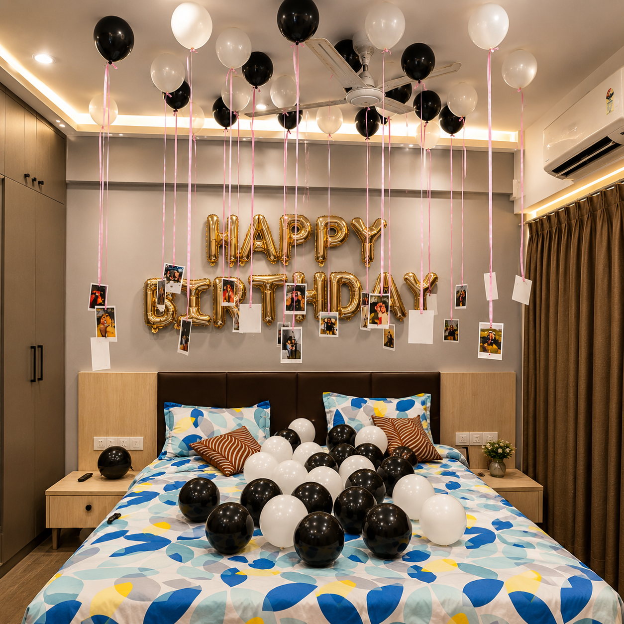 Decorated bedroom with 'Happy Birthday' balloons and balloons on the bed