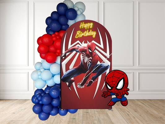 Spider-Man birthday banner with balloons against a white wall.