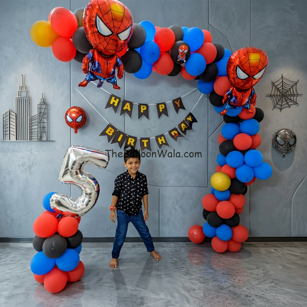 Child standing in front of a Spider-Man themed birthday balloon arch with 'Happy Birthday' banner.