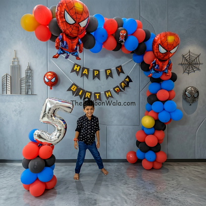 Child standing in front of a Spider-Man themed birthday balloon arch with 'Happy Birthday' banner.