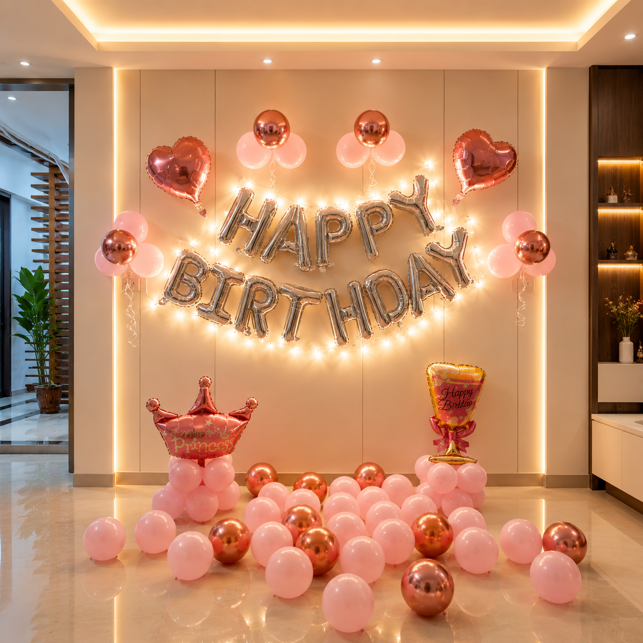 Birthday decoration with balloons and 'Happy Birthday' banner in a room.
