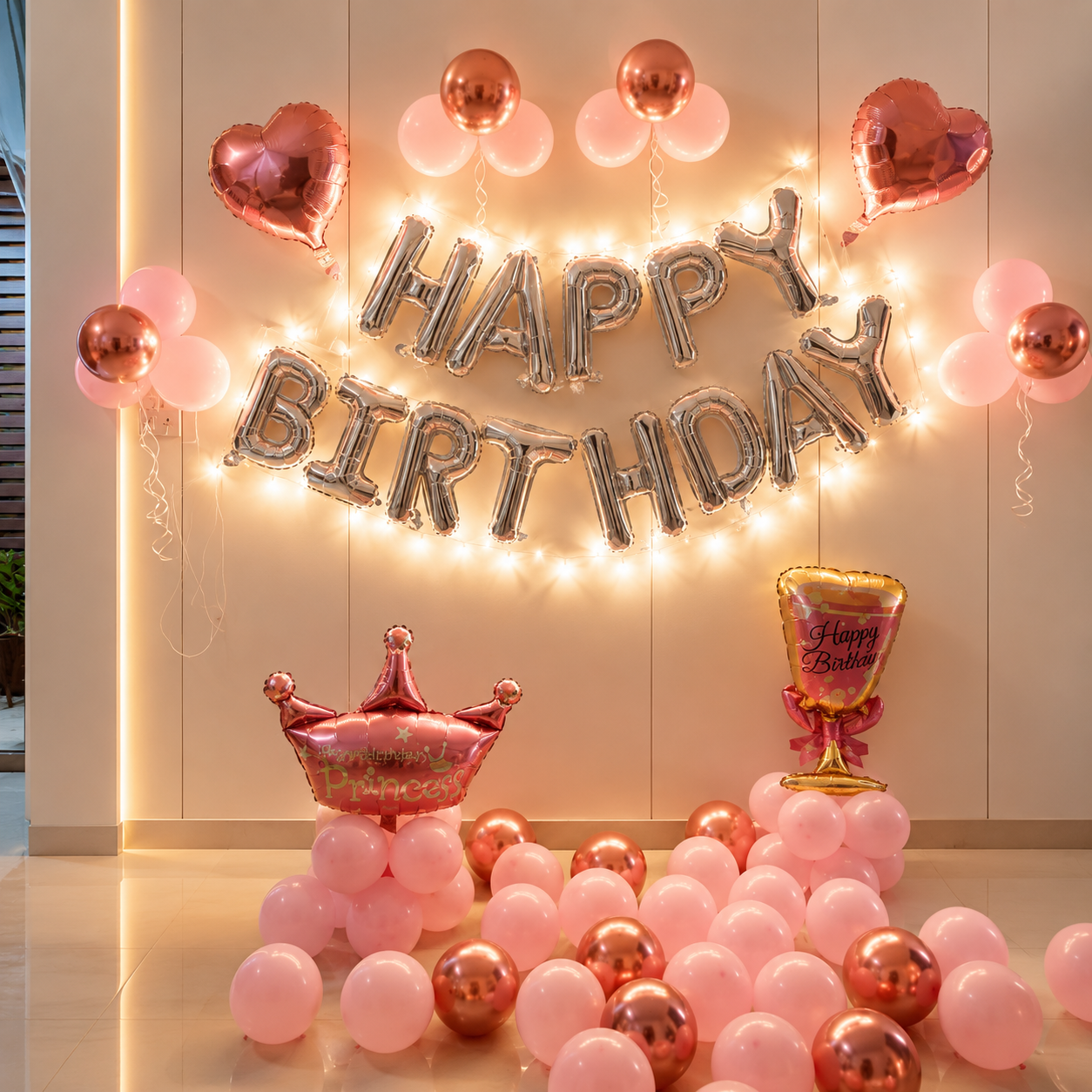 Birthday decoration with 'Happy Birthday' balloons, pink and rose gold balloons, and fairy lights.