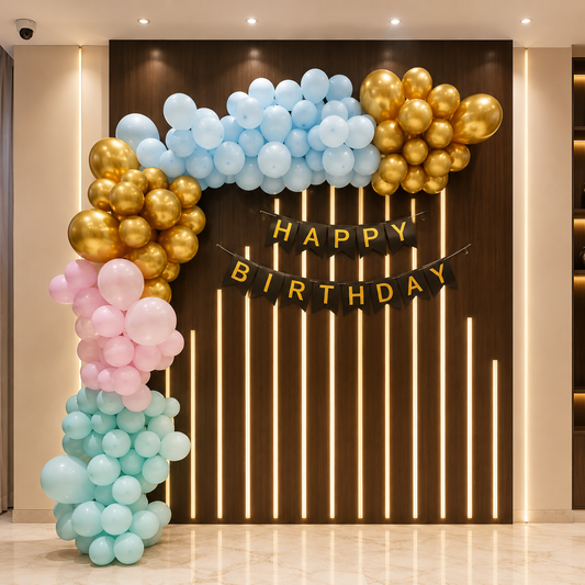 Balloon arch with 'Happy Birthday' banner against a dark wall with vertical lights