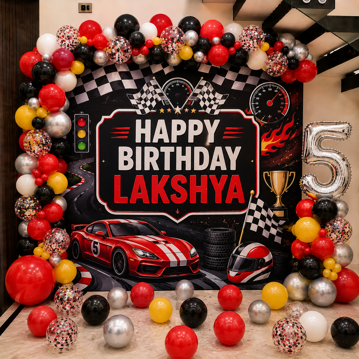 Super Cars Theme Birthday Backdrop with Balloons in Bangalore, Hyderabad, Pune, Mumbai