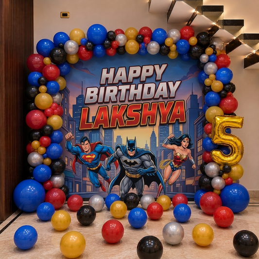 Superhero Theme Birthday Backdrop with Balloons in Bangalore, Hyderabad, Pune, Mumbai