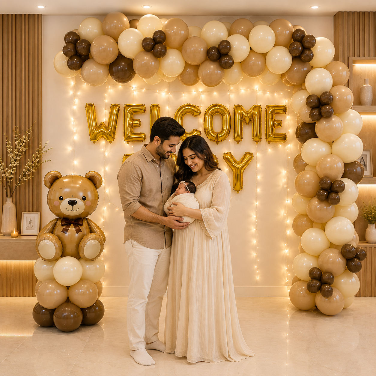 Newborn baby being held by parents under a 'Welcome Baby' balloon arch with decorative balloons and lights.