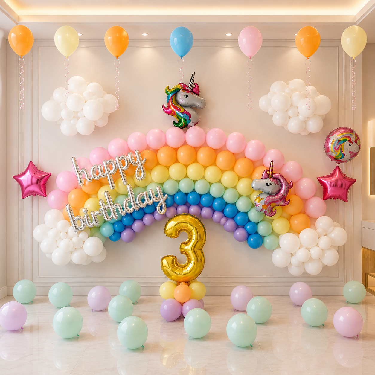 Colorful birthday balloon arch with rainbow colors, unicorn decorations, and 'happy birthday' sign.