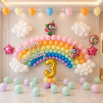 Colorful birthday balloon arch with rainbow colors, unicorn decorations, and 'happy birthday' sign.