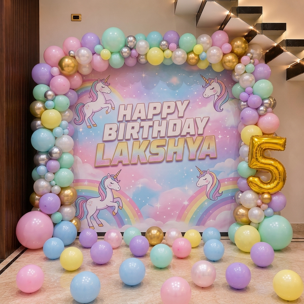 Unicorn Theme Birthday Backdrop with Balloons in Bangalore, Hyderabad, Pune, Mumbai