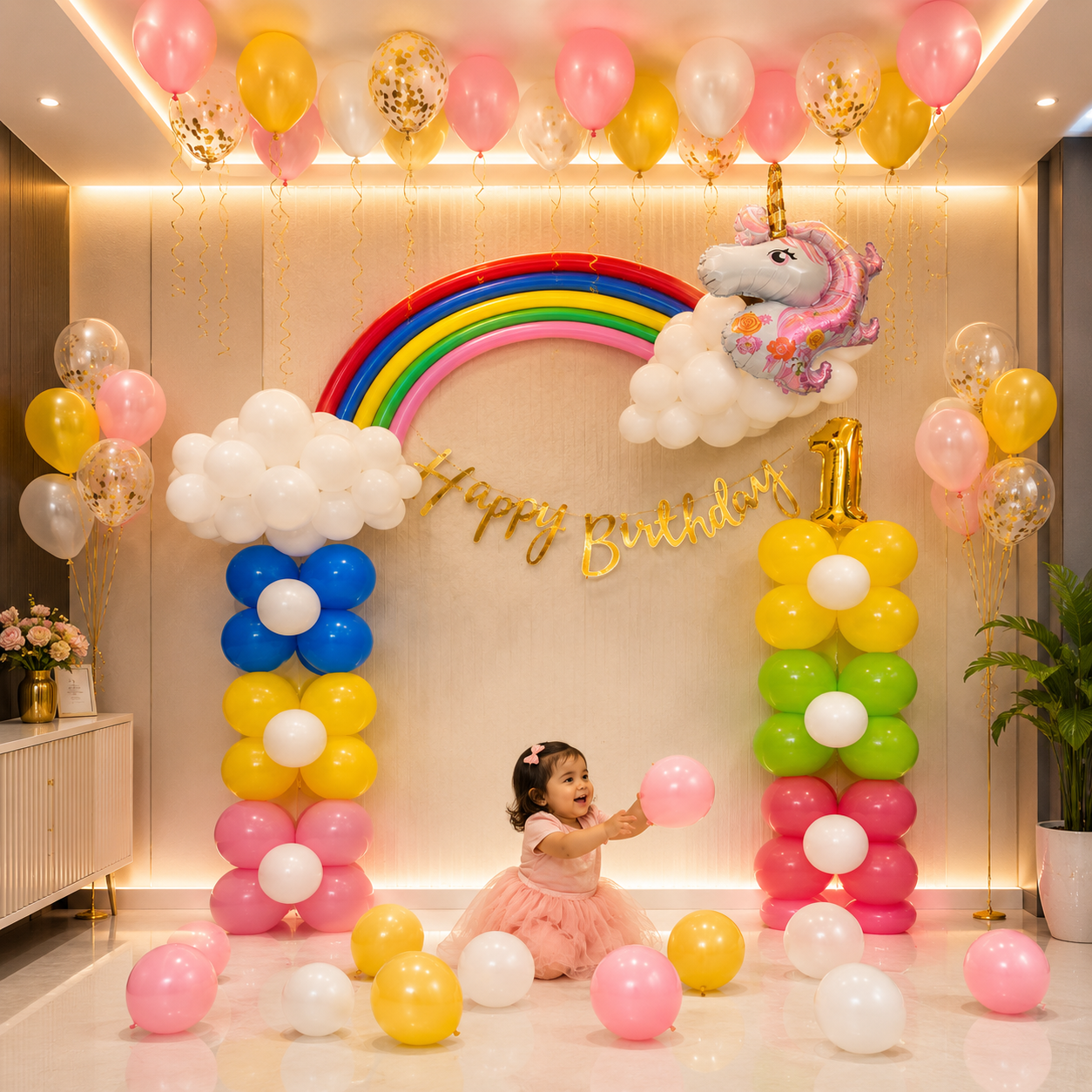 Child in a pink dress surrounded by colorful balloons and a rainbow arch with 'Happy Birthday' and number '1' decorations.