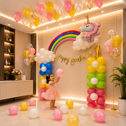 Child in a pink dress standing in front of a colorful birthday balloon arch with a rainbow and unicorn theme.