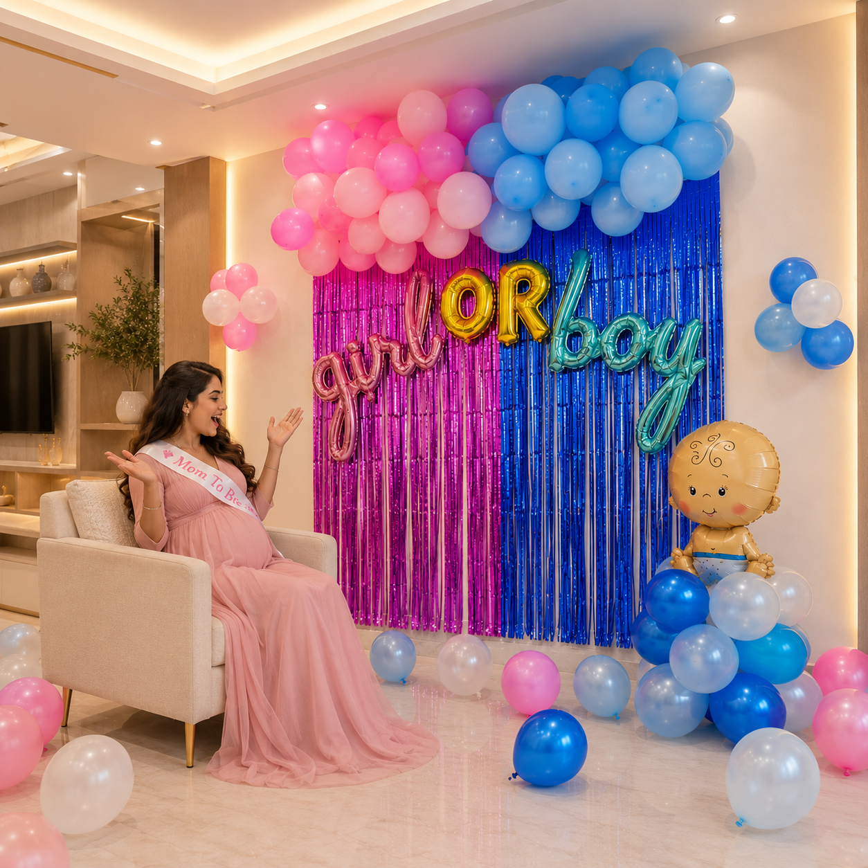 Woman in a pink dress with a 'Mommy to be' sash, surrounded by gender reveal balloons and decorations.