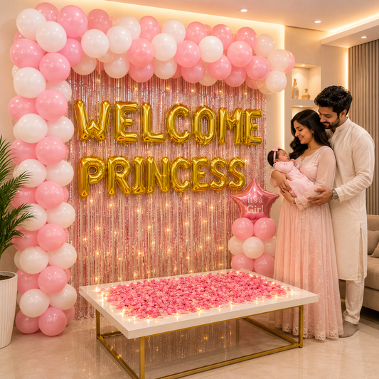 Newborn baby shower with 'Welcome Princess' balloons, pink and white balloons, and a couple holding the baby.