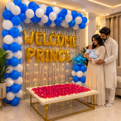Family with a newborn baby in a decorated room with balloons and 'Welcome Prince' sign.