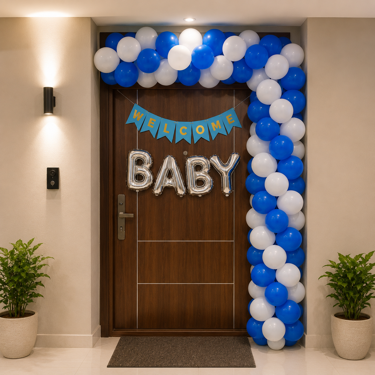 Decorative balloon arch with 'Welcome Baby' banner on a door