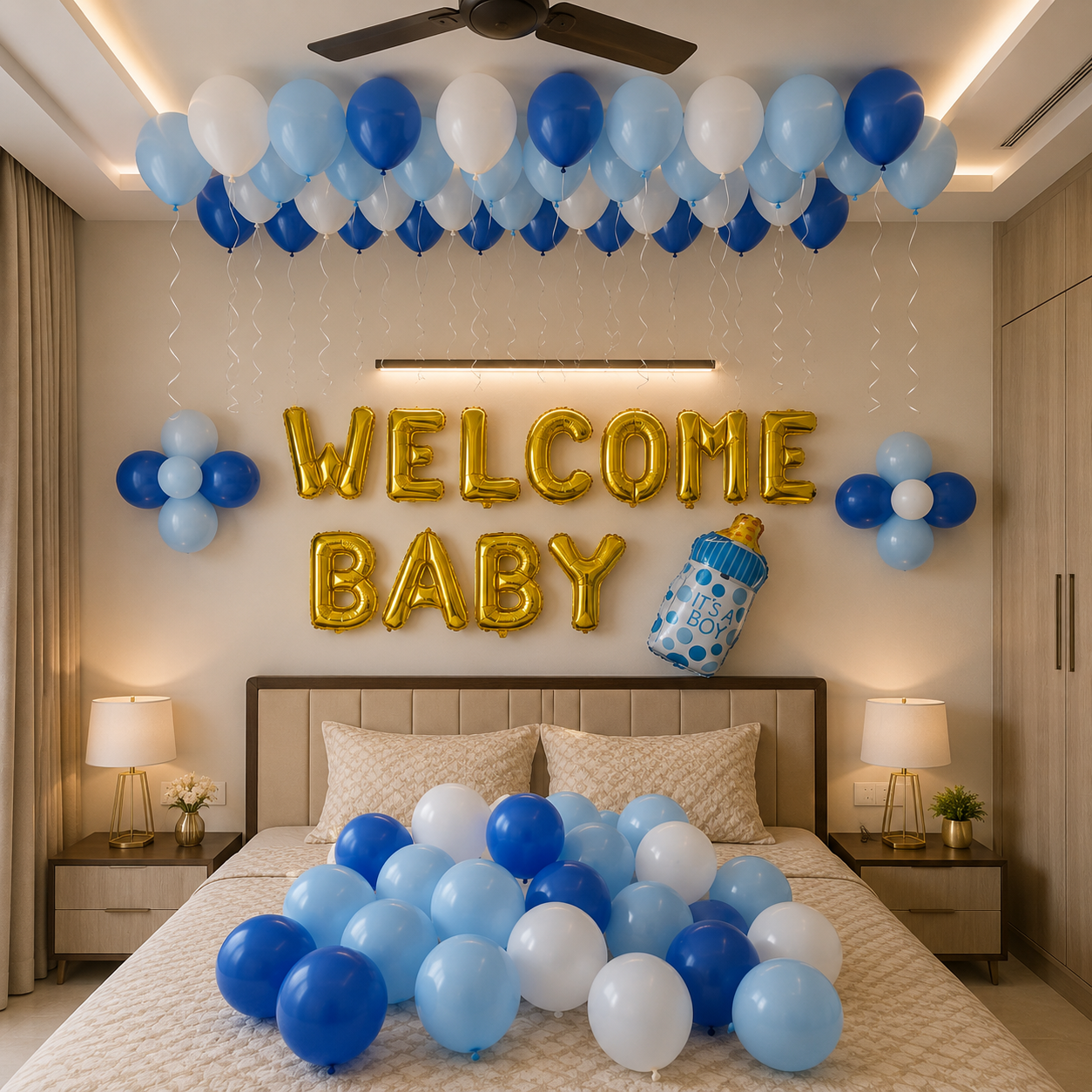 Decorated bedroom with balloons and 'Welcome Baby' sign