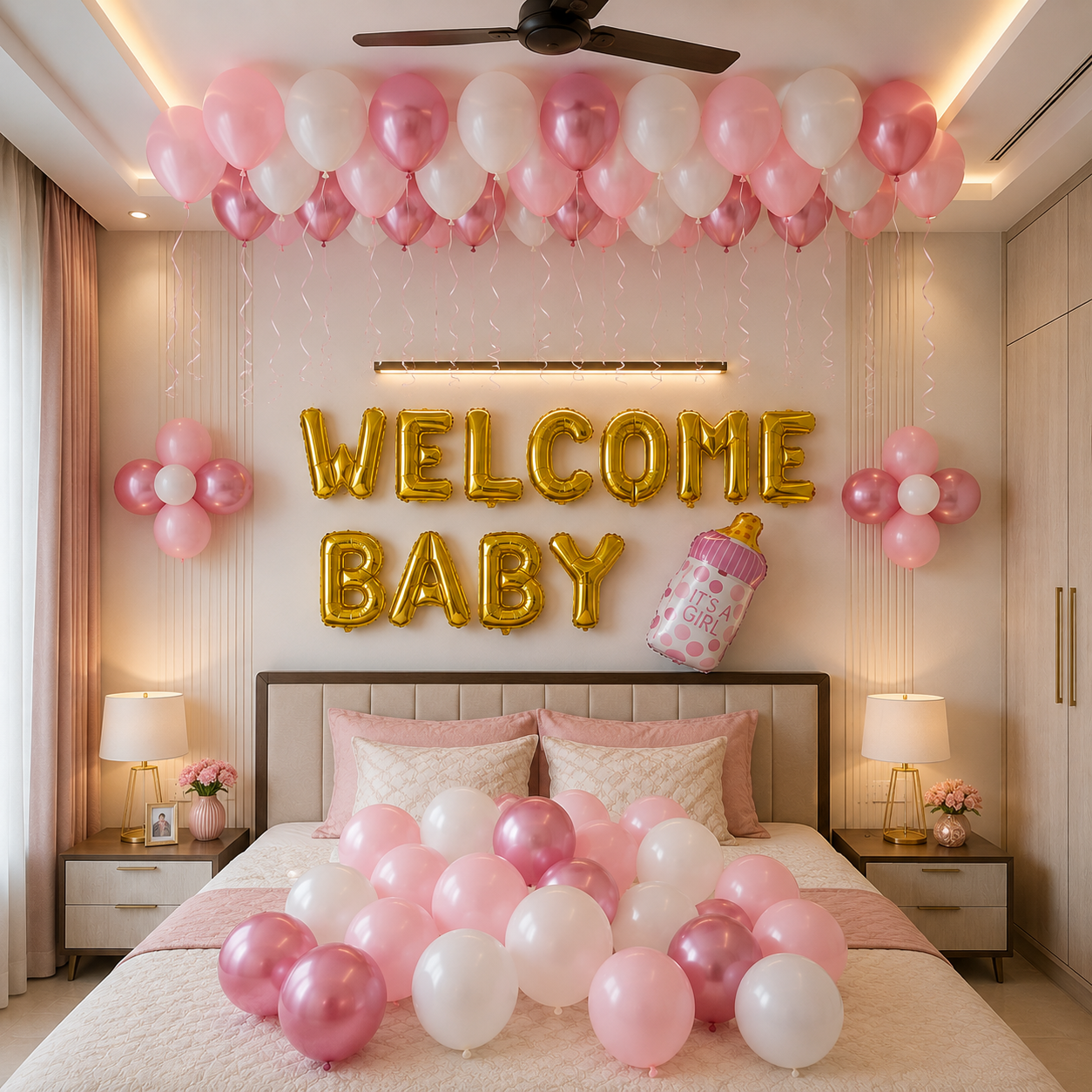 Decorated bedroom with pink and white balloons, 'Welcome Baby' sign, and baby bottle decorations.