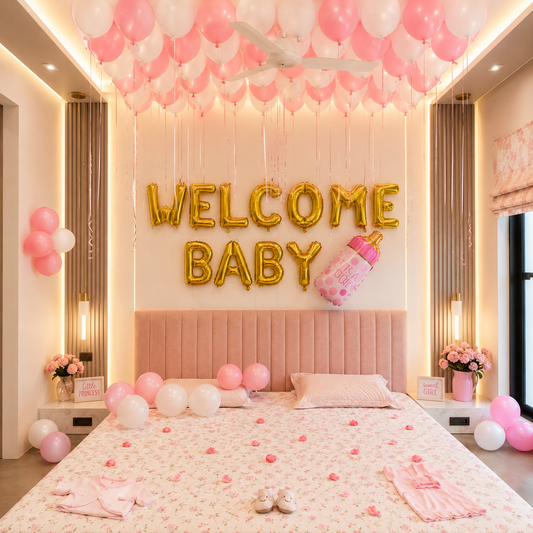 Decorated room with pink and white balloons, 'Welcome Baby' balloons, and baby shower decorations.