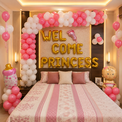 Decorated room with 'Welcome Princess' balloons and pink and white balloons around a bed.