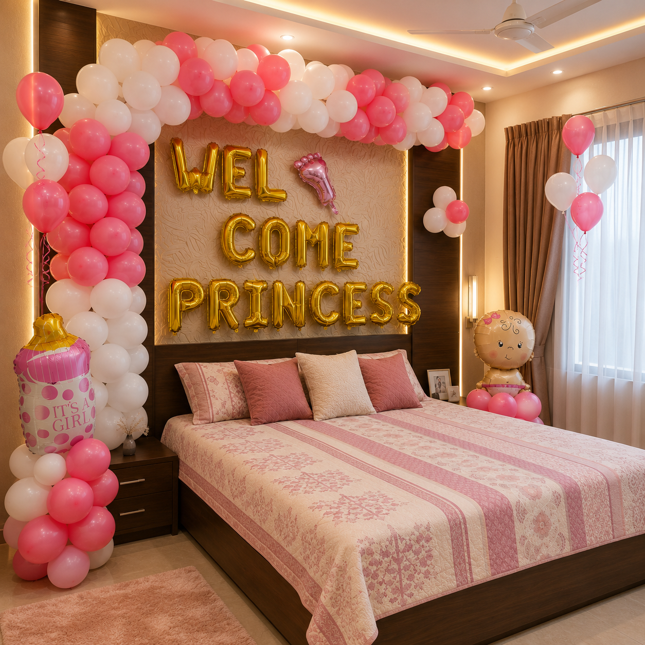 Decorated bedroom with 'Welcome Princess' balloons and pink and white balloon arch.