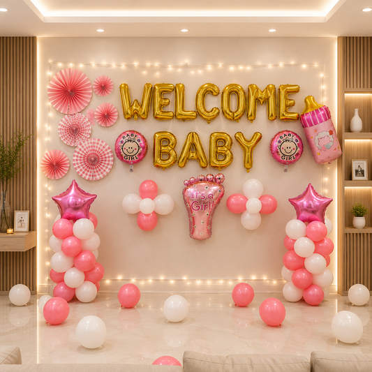 Decorative setup with 'Welcome Baby' balloons and pink and white balloons on a wall.