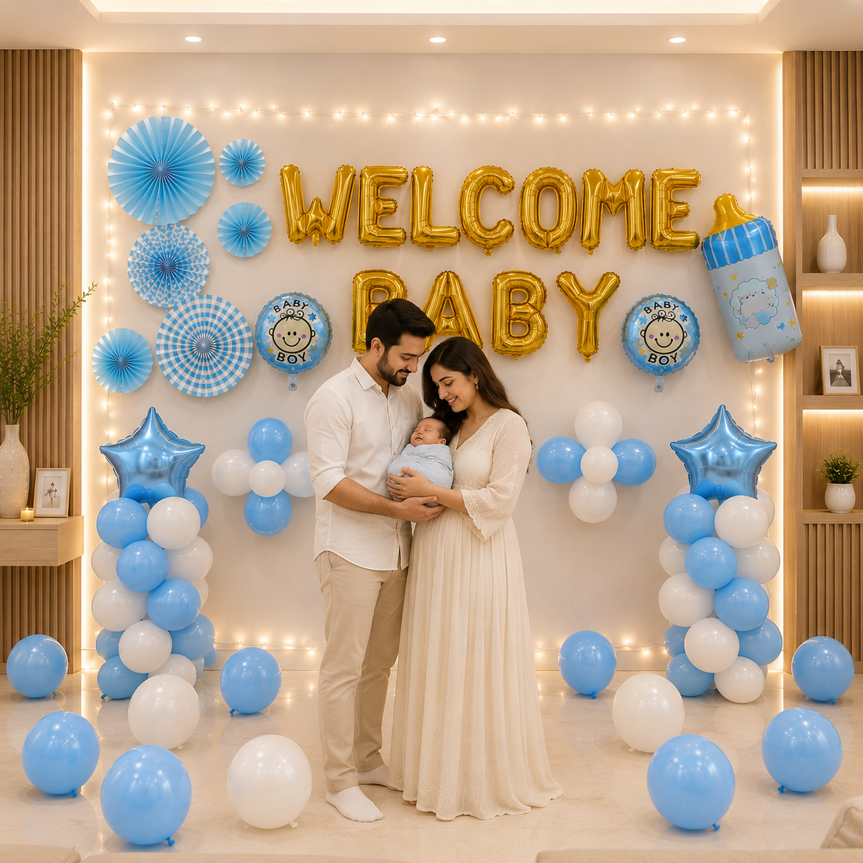 New parents holding a baby in front of a 'Welcome Baby' decoration with balloons and lights.