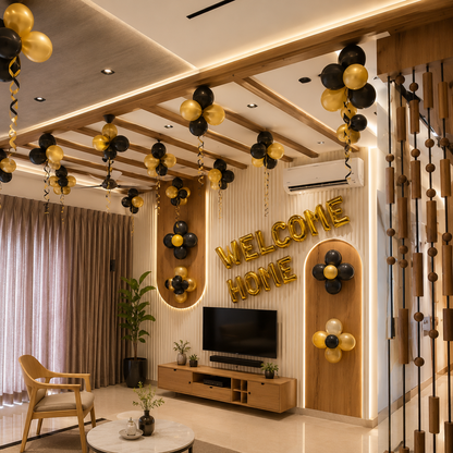 Decorated living room with 'Welcome Home' sign and balloons