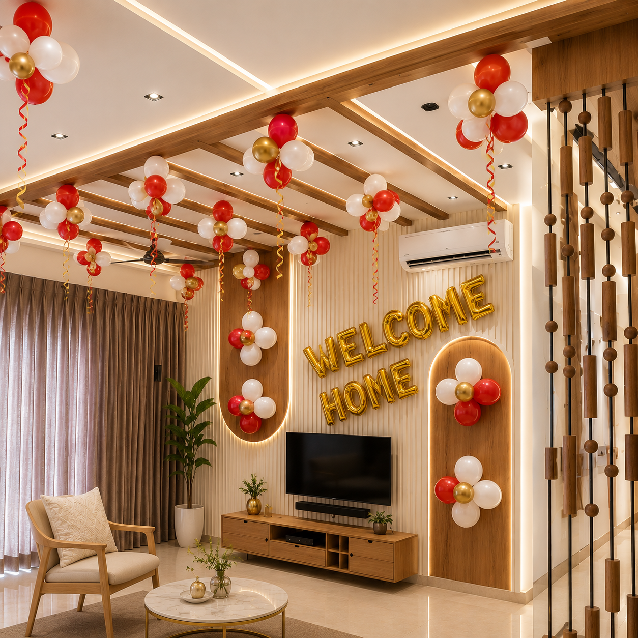 Decorative interior with 'Welcome Home' sign, balloons, and a chair.