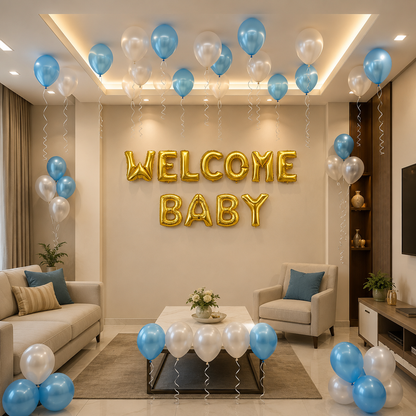 Decorated living room with 'Welcome Baby' balloons and balloons in the air.