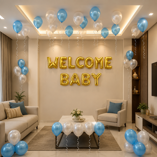 Decorated living room with 'Welcome Baby' balloons and balloons in the air.
